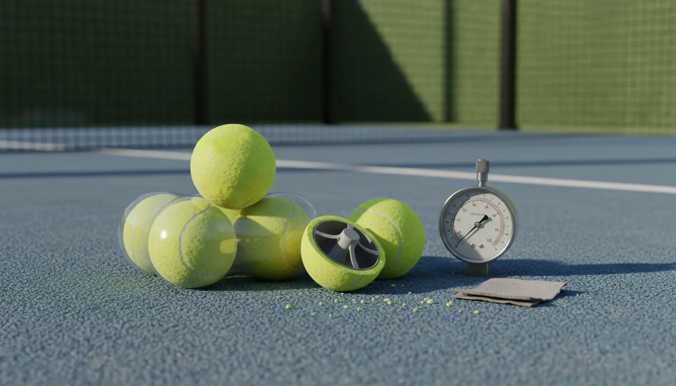 Balles de padel sur le court, dont une coupée en deux à côté d'un manomètre