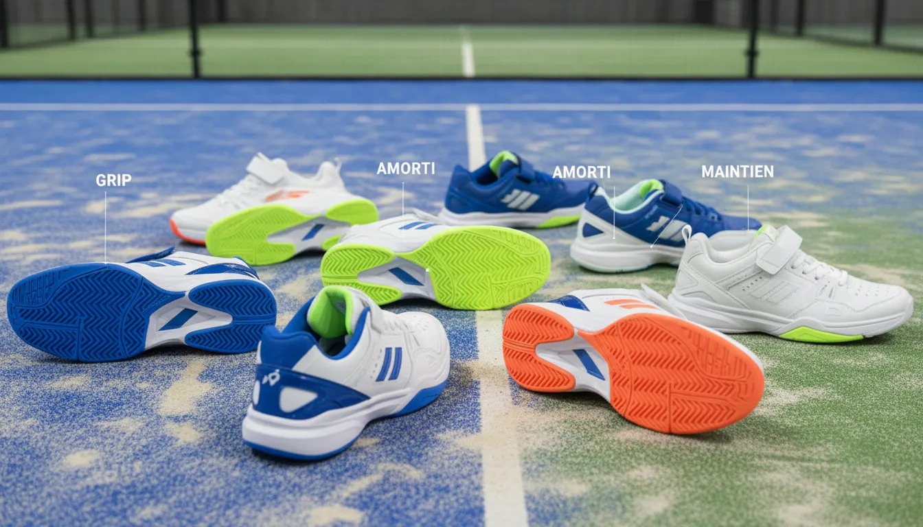 Quatre paires de chaussures de padel posées sur un court bleu