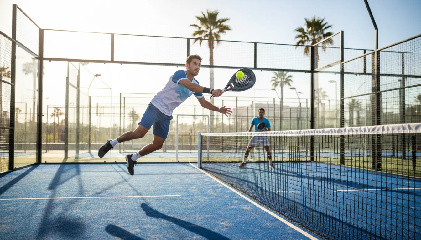 Joueur tendu vers la balle au filet sur un court de padel extérieur