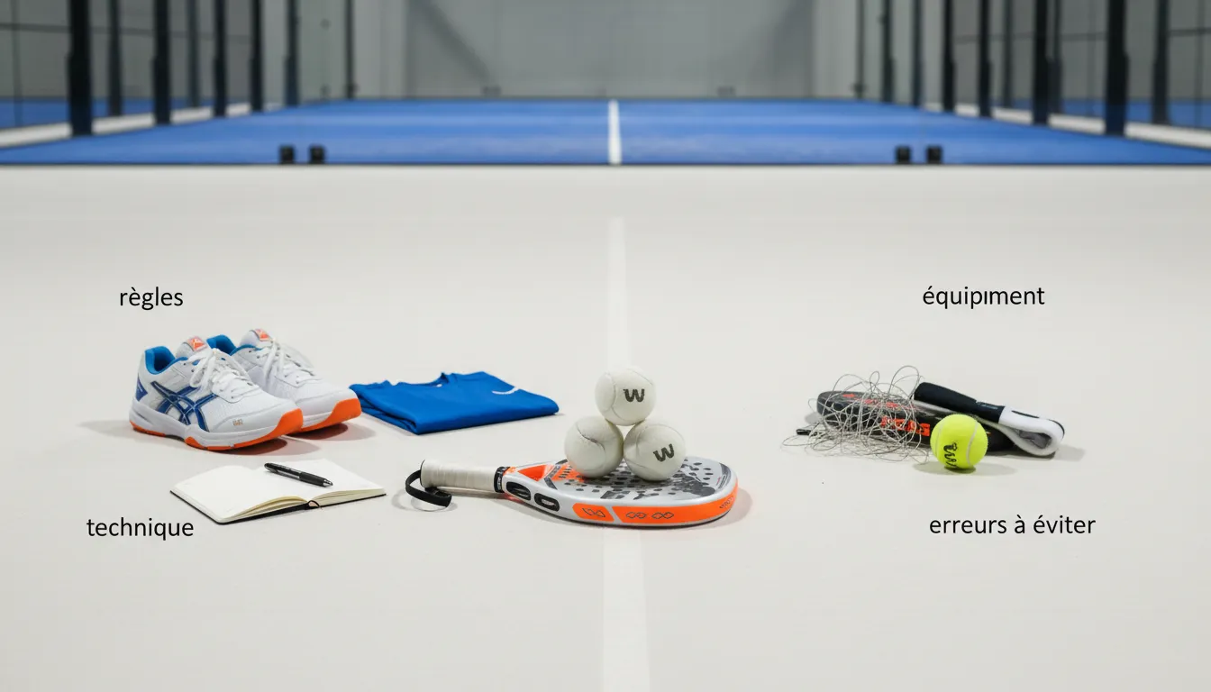 Raquette, chaussures et carnet posés sur un court bleu avec les mots règles, technique et équipement