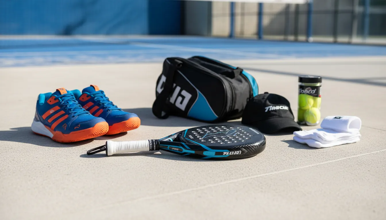 Chaussures, sac, raquettes et accessoires de padel réunis au sol sur un court