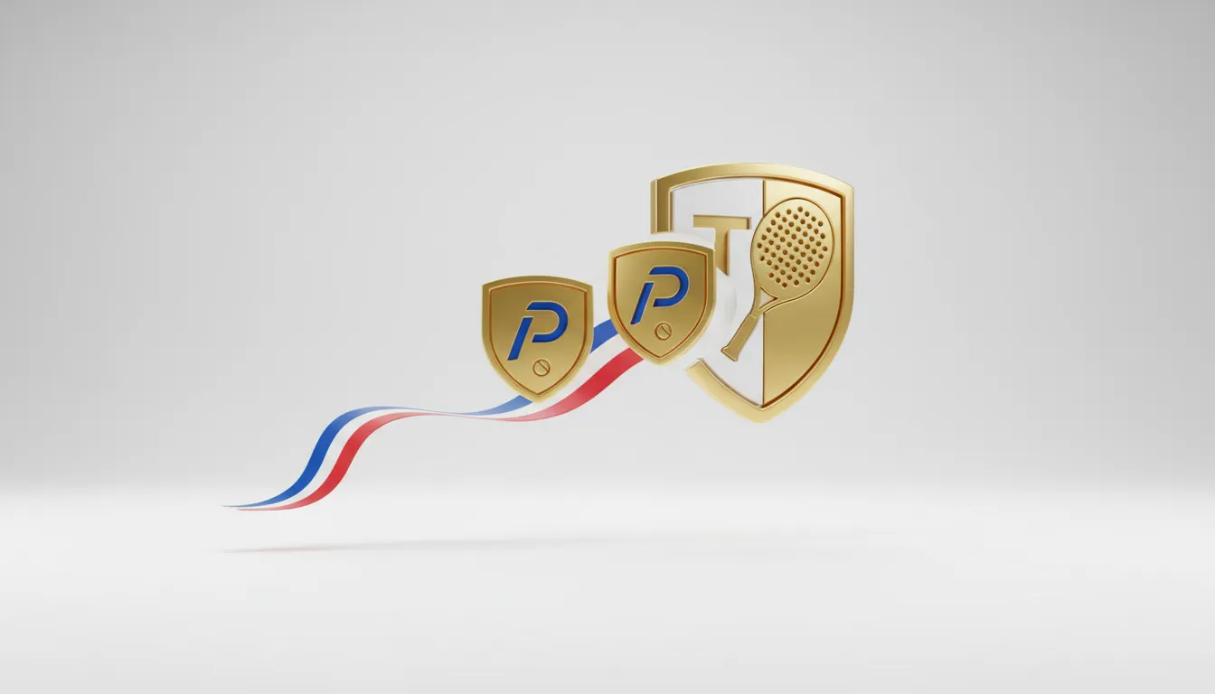 Écussons dorés et ruban tricolore symbolisant la Fédération Française de Padel