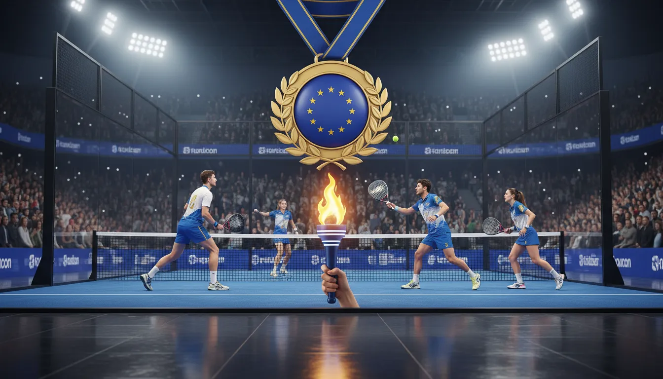 Match de padel en salle sous une médaille aux étoiles européennes