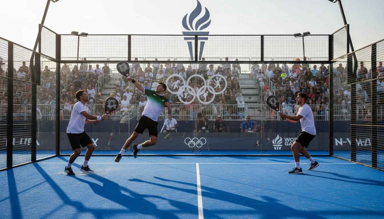 Match de padel dans un stade, flamme et anneaux olympiques en arrière-plan