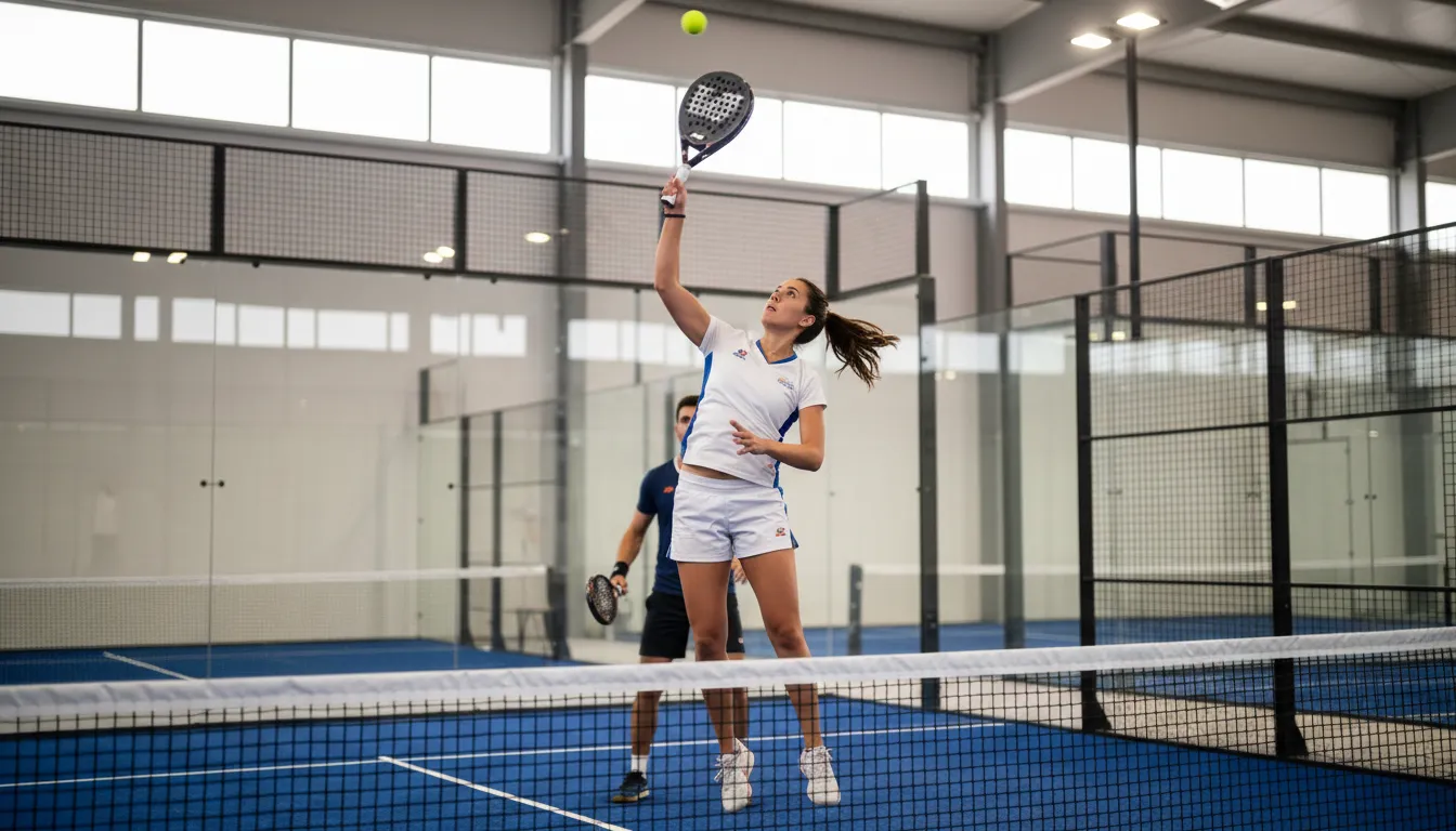 Joueuse frappant une volée haute sur un court de padel en salle