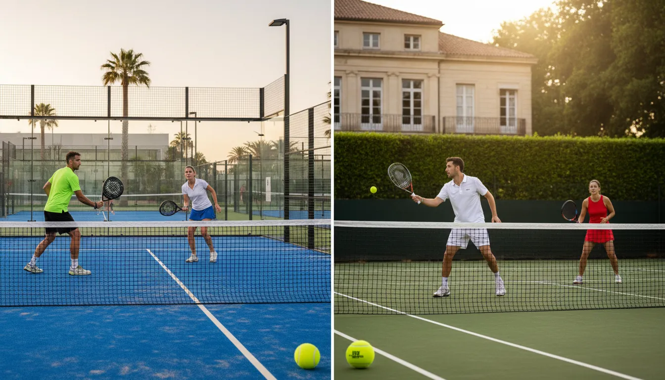 Deux scènes côte à côte comparant un court de padel et un court de tennis