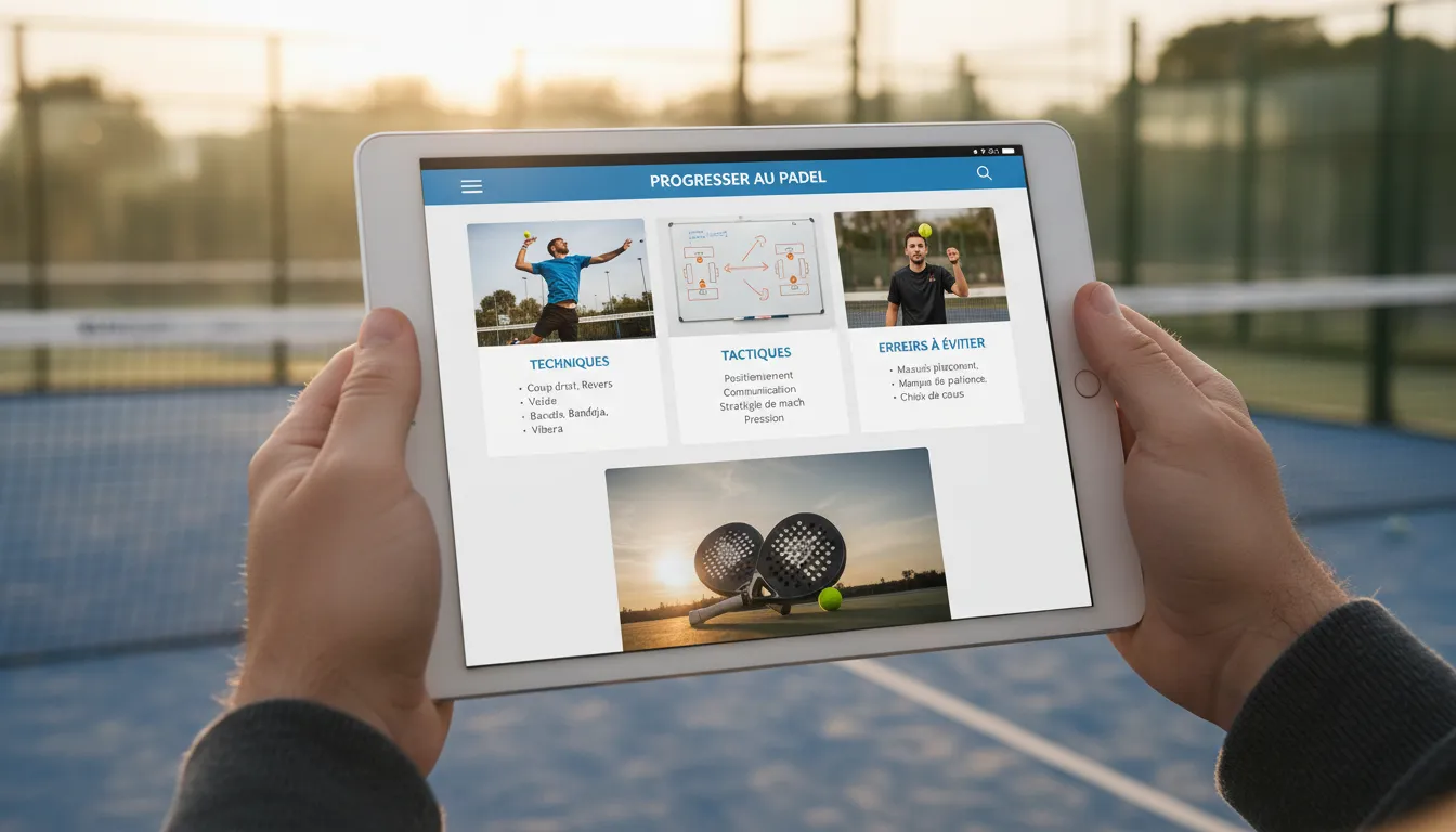 Tablette affichant un programme d'entraînement de padel, court en fond