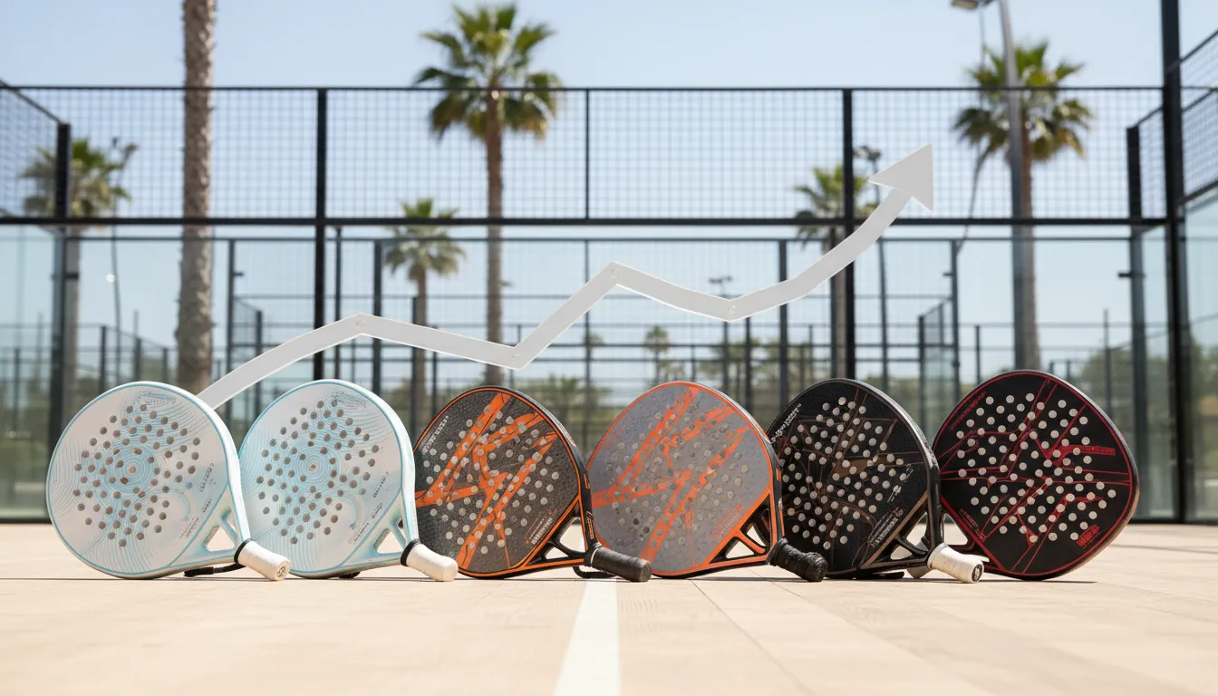 Cinq raquettes de padel alignées debout sur un court extérieur
