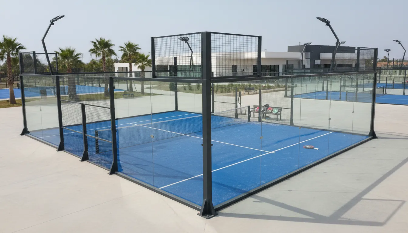 Courts de padel extérieurs aux parois vitrées, bordés de palmiers