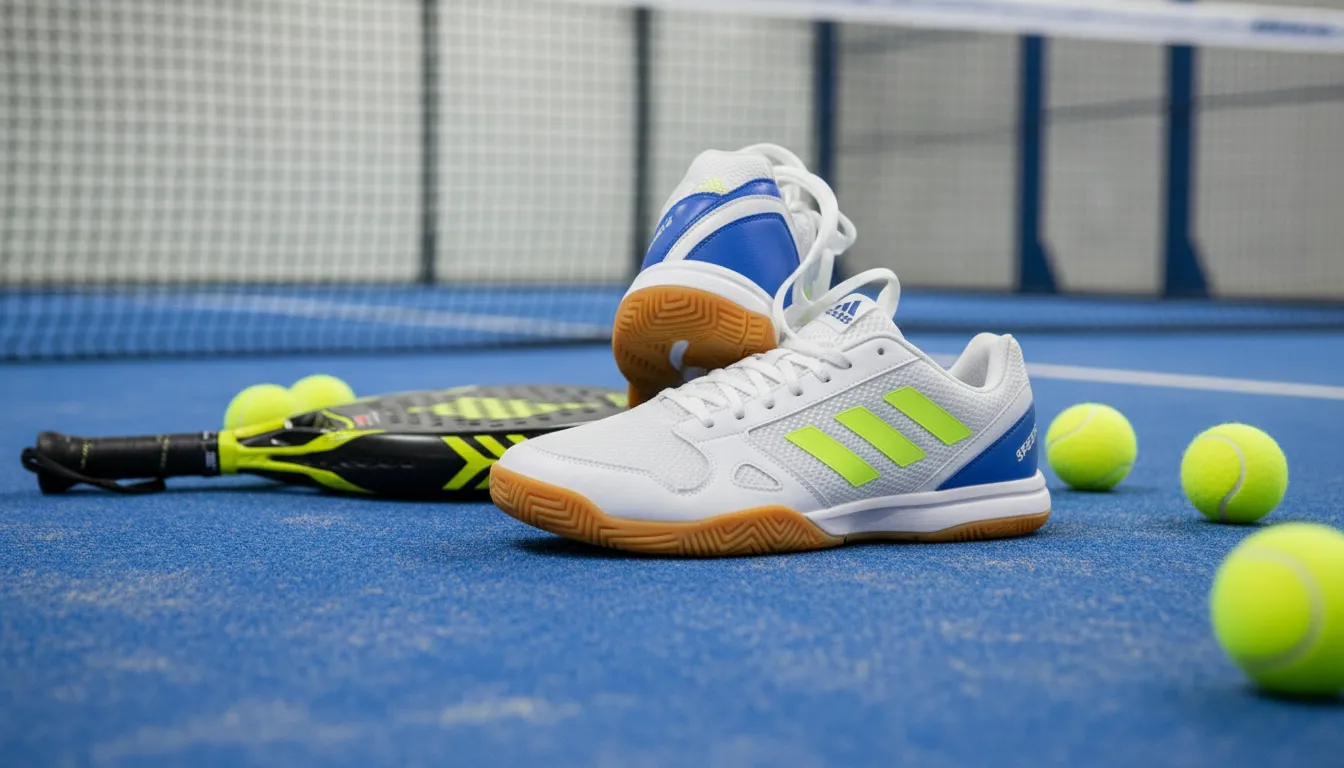 Chaussures Adidas blanches posées sur un court près d'une raquette et de balles